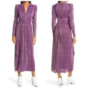 Sabina Musayev Hadar Long Sleeve Shimmering Belted Midi Dress In Garnet